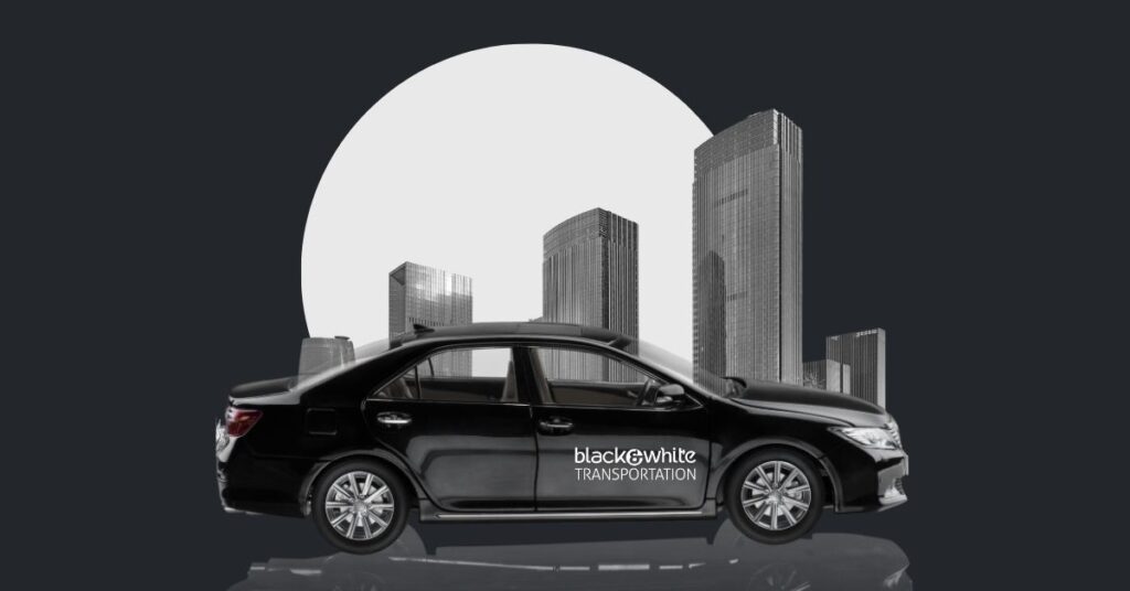 a composite photo of a black car and a city backdrop representing black and white transportation in toledo ohio