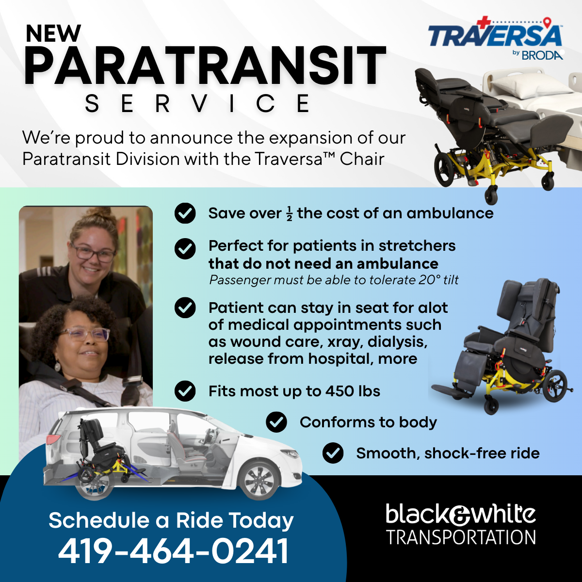 Broda Traversa Chair for Paratransit Services in Toledo Ohio