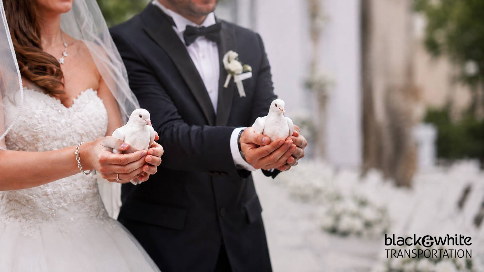 Bride and Groom Holding Doves at Wedding Ceremony