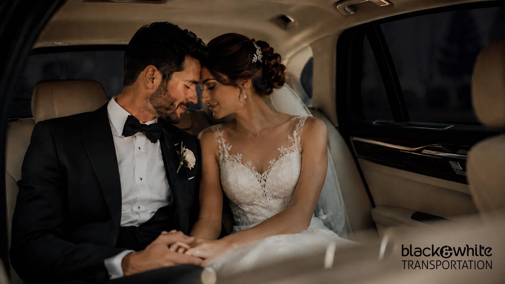 Bride and Groom in Luxury Sedan for Toledo Wedding Ride