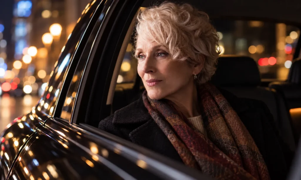 Senior Woman Looking Out of a Black Car Window at Night
