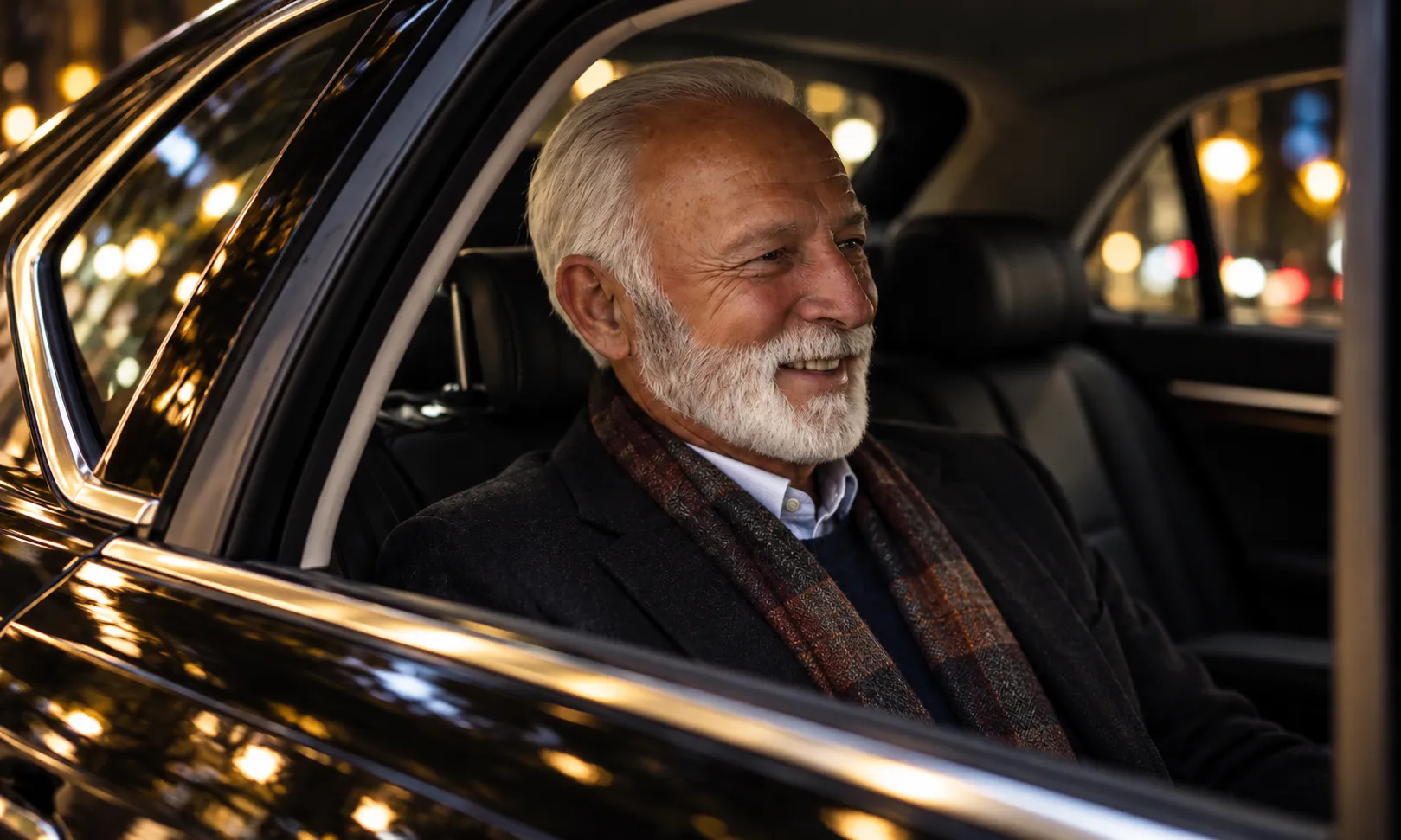 Smiling Senior Man Riding in a Black Car at Night
